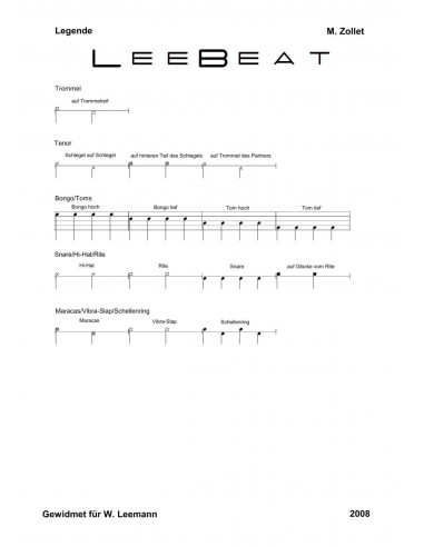 LeeBeat 1 / Partitur inkl. Einzelstimmen / Trommelnoten / Zollet Martin